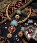 Handcrafted gold-plated ethnic Necklace :: set with firozicarved stones & floral pendant - bridal wedding jewelry