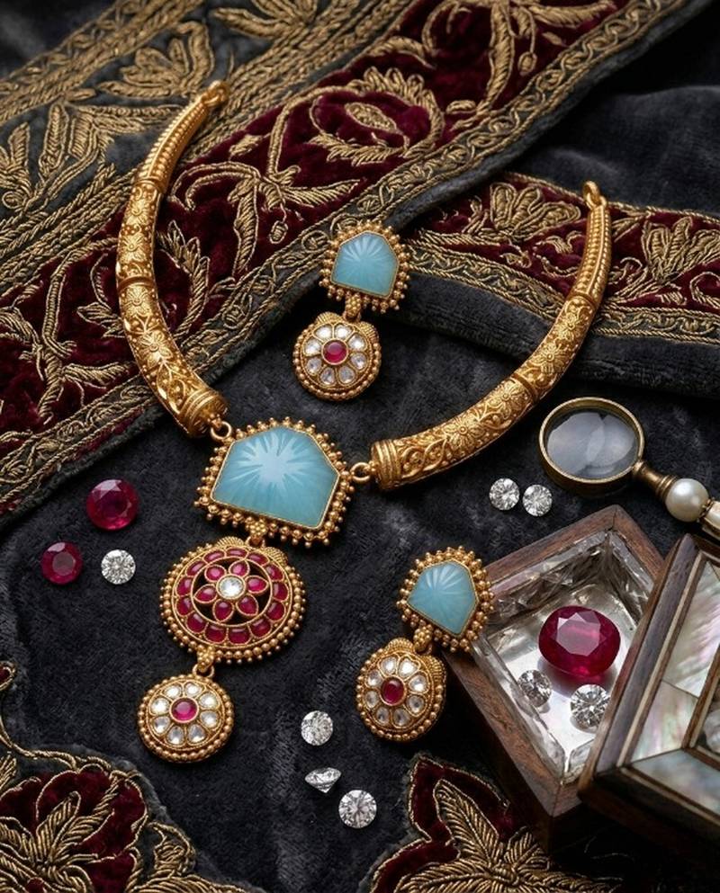 Handcrafted gold-plated ethnic necklace set with firozicarved stones & floral pendant - bridal wedding jewelry