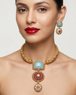 Handcrafted gold-plated ethnic Necklace :: set with firozicarved stones & floral pendant - bridal wedding jewelry 2