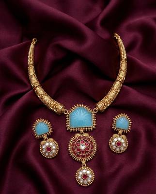 Handcrafted gold-plated ethnic Necklace :: set with firozicarved stones & floral pendant - bridal wedding jewelry 3