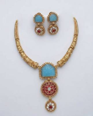 Handcrafted gold-plated ethnic Necklace :: set with firozicarved stones & floral pendant - bridal wedding jewelry 4