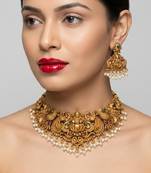 Antique gold-plated temple jewelry set: handcrafted goddess lakshmi & peacock Necklace :: with jhumka earrings