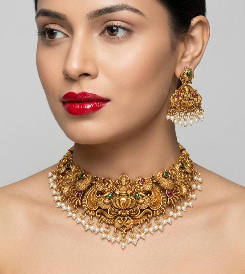 Antique gold-plated temple jewelry set: handcrafted goddess lakshmi & peacock necklace with jhumka earrings