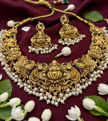 Antique gold-plated temple jewelry set: handcrafted goddess lakshmi & peacock Necklace :: with jhumka earrings 2