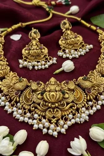 Antique gold-plated temple jewelry set: handcrafted goddess lakshmi & peacock Necklace :: with jhumka earrings
