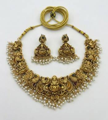 Antique gold-plated temple jewelry set: handcrafted goddess lakshmi & peacock Necklace :: with jhumka earrings 3