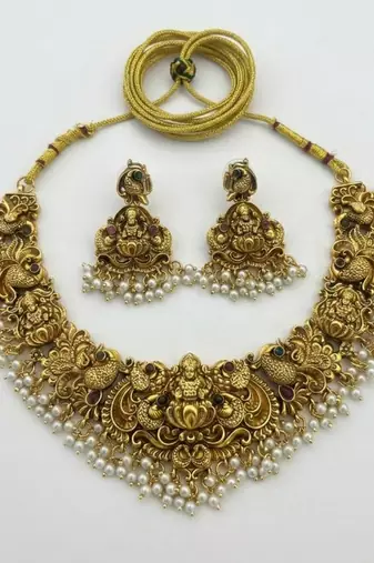 Antique gold-plated temple jewelry set: handcrafted goddess lakshmi & peacock Necklace :: with jhumka earrings