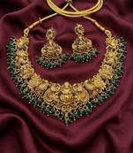 Antique gold-plated temple jewelry set: handcrafted goddess lakshmi & peacock Necklace :: with jhumka earrings
