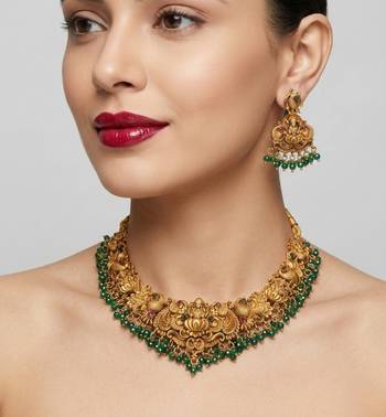 Antique gold-plated temple jewelry set: handcrafted goddess lakshmi & peacock Necklace :: with jhumka earrings 2