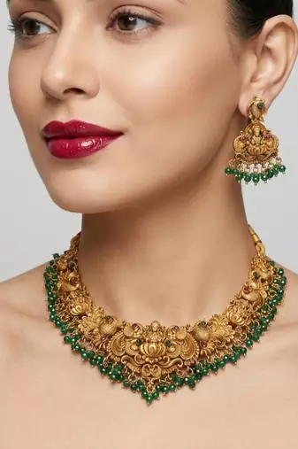 Antique gold-plated temple jewelry set: handcrafted goddess lakshmi & peacock Necklace :: with jhumka earrings