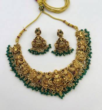 Antique gold-plated temple jewelry set: handcrafted goddess lakshmi & peacock Necklace :: with jhumka earrings 3