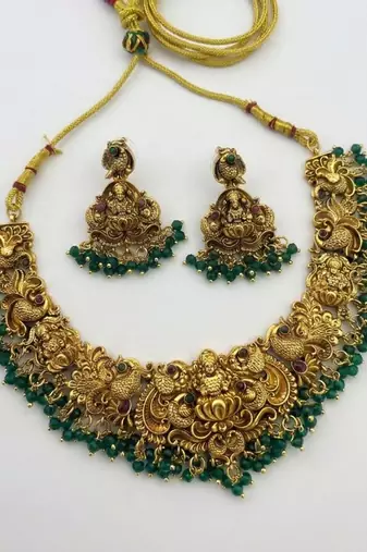 Antique gold-plated temple jewelry set: handcrafted goddess lakshmi & peacock Necklace :: with jhumka earrings