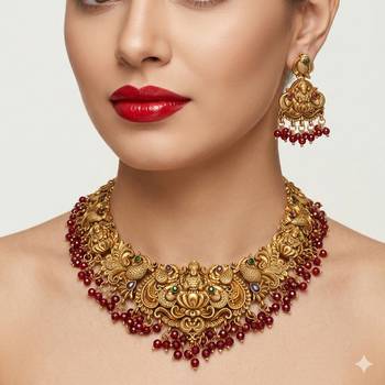 Antique gold-plated temple jewelry set: handcrafted goddess lakshmi & peacock Necklace :: with jhumka earrings 1