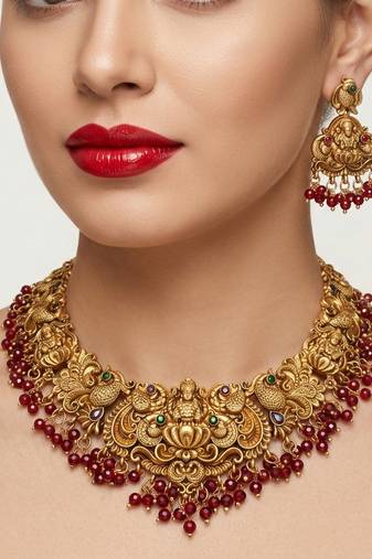 Antique gold-plated temple jewelry set: handcrafted goddess lakshmi & peacock necklace with jhumka earrings