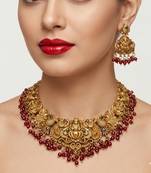 Antique gold-plated temple jewelry set: handcrafted goddess lakshmi & peacock Necklace :: with jhumka earrings
