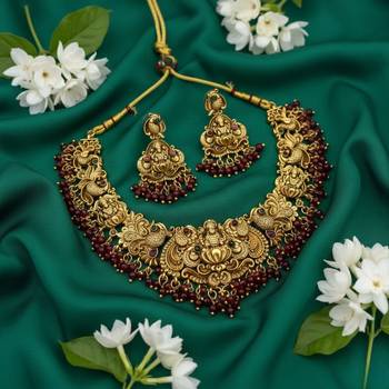 Antique gold-plated temple jewelry set: handcrafted goddess lakshmi & peacock Necklace :: with jhumka earrings 3
