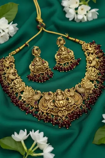 Antique gold-plated temple jewelry set: handcrafted goddess lakshmi & peacock Necklace :: with jhumka earrings