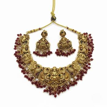 Antique gold-plated temple jewelry set: handcrafted goddess lakshmi & peacock Necklace :: with jhumka earrings 4