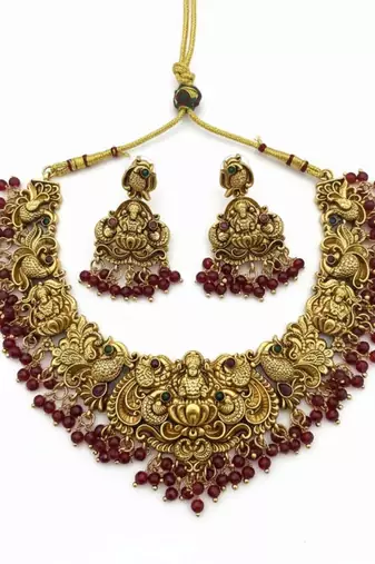 Antique gold-plated temple jewelry set: handcrafted goddess lakshmi & peacock Necklace :: with jhumka earrings