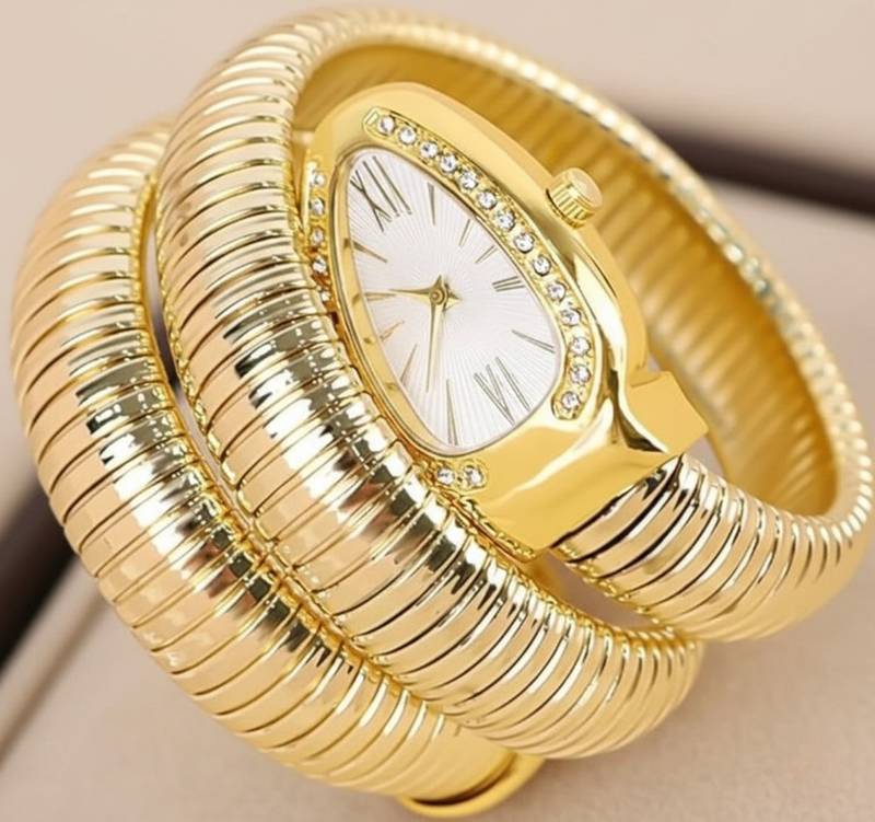 Elegant serpent-style gold-plated wraparound tubogas watch bracelet for women