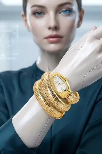 Elegant serpent-style gold-plated wraparound tubogas watch bracelet for women