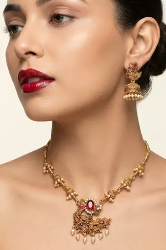 Traditional antique gold plated peacock necklace set with jhumka earrings ethnic indian jewelry for weddings & festivals