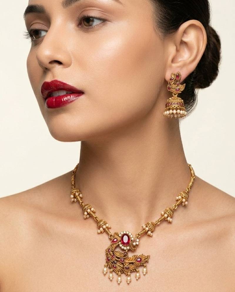 Traditional antique gold plated peacock necklace set with jhumka earrings ethnic indian jewelry for weddings & festivals