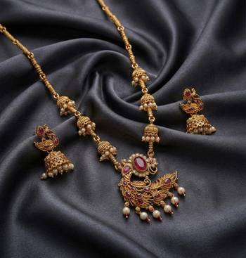 Traditional antique gold plated peacock necklace set with jhumka earrings ethnic indian jewelry for weddings & festivals 3