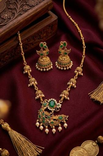 Traditional antique gold plated peacock necklace set with jhumka earrings ethnic indian jewelry for weddings & festivals