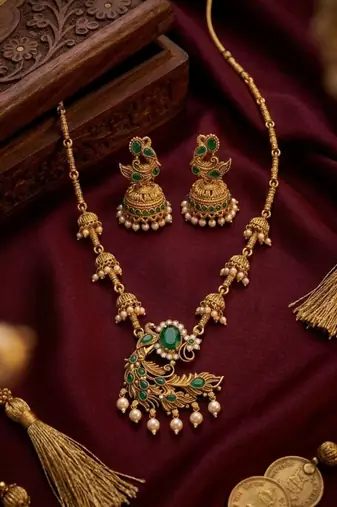 Traditional antique gold plated peacock necklace set with jhumka earrings ethnic indian jewelry for weddings & festivals