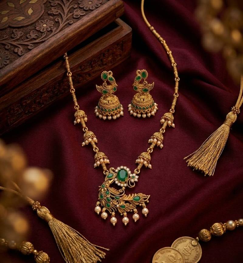 Traditional antique gold plated peacock necklace set with jhumka earrings ethnic indian jewelry for weddings & festivals