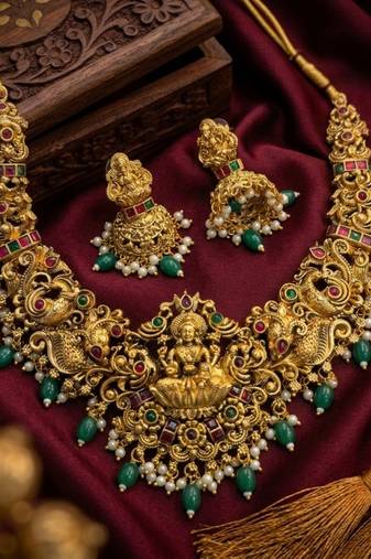 Handcrafted lakshmi temple jewellery set - antique gold plated necklace & jhumka earrings for weddings