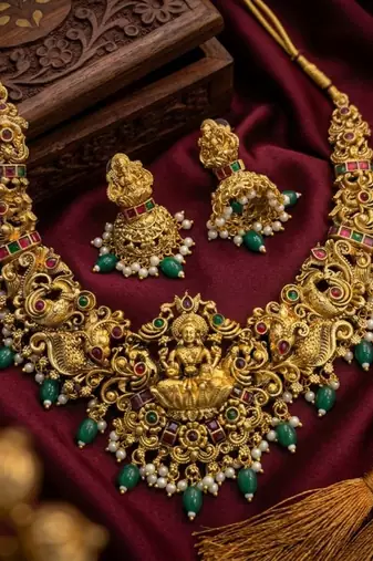Handcrafted lakshmi temple jewellery set - antique gold plated Necklace :: & jhumka earrings for weddings