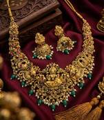 Handcrafted lakshmi temple jewellery set - antique gold plated Necklace :: & jhumka earrings for weddings