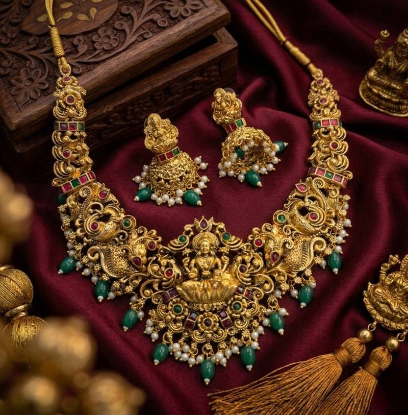 Handcrafted lakshmi temple jewellery set - antique gold plated necklace & jhumka earrings for weddings