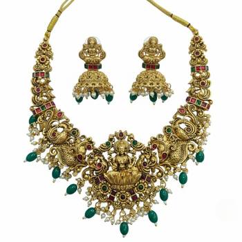 Handcrafted lakshmi temple jewellery set - antique gold plated Necklace :: & jhumka earrings for weddings 2