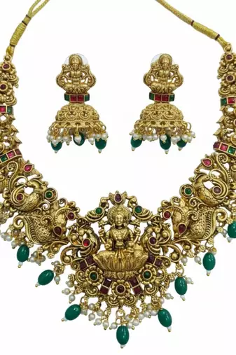 Handcrafted lakshmi temple jewellery set - antique gold plated Necklace :: & jhumka earrings for weddings