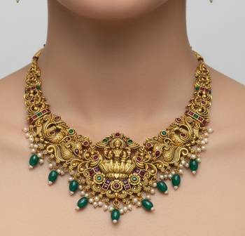 Handcrafted lakshmi temple jewellery set - antique gold plated Necklace :: & jhumka earrings for weddings 3
