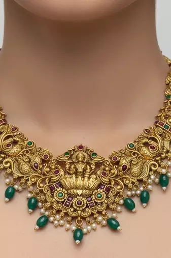 Handcrafted lakshmi temple jewellery set - antique gold plated Necklace :: & jhumka earrings for weddings