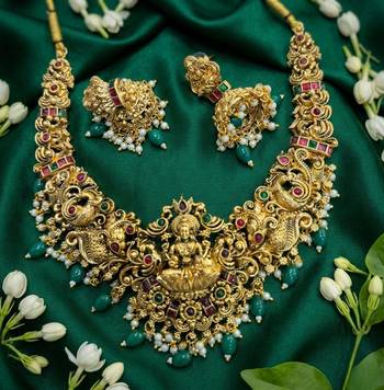 Handcrafted lakshmi temple jewellery set - antique gold plated Necklace :: & jhumka earrings for weddings 4