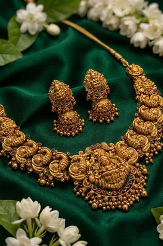 Gold-plated temple jewelry set - traditional lakshmi motif necklace & earrings for weddings