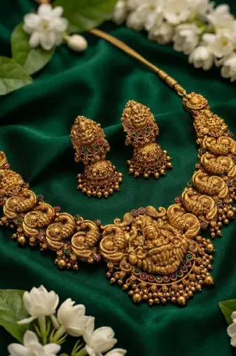 Gold-plated temple jewelry set - traditional lakshmi motif necklace & earrings for weddings