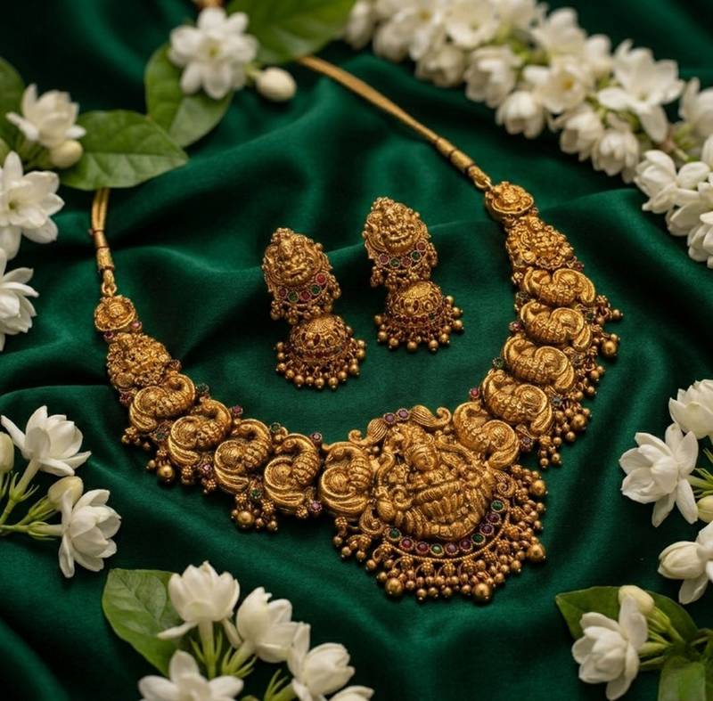Gold-plated temple jewelry set - traditional lakshmi motif necklace & earrings for weddings