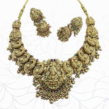 Gold-plated temple jewelry set - traditional lakshmi motif Necklace :: & earrings for weddings 2