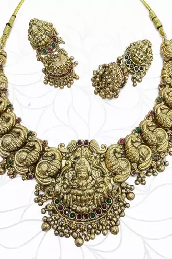 Gold-plated temple jewelry set - traditional lakshmi motif Necklace :: & earrings for weddings