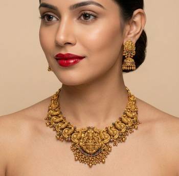 Gold-plated temple jewelry set - traditional lakshmi motif Necklace :: & earrings for weddings 3