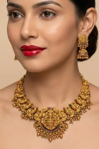Gold-plated temple jewelry set - traditional lakshmi motif Necklace :: & earrings for weddings