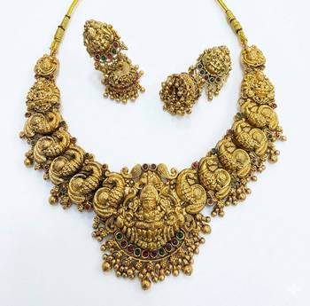 Gold-plated temple jewelry set - traditional lakshmi motif Necklace :: & earrings for weddings 4