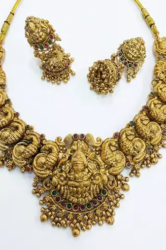 Gold-plated temple jewelry set - traditional lakshmi motif Necklace :: & earrings for weddings