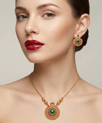Handcrafted ethnic gold-plated necklace set with green emerald-style stones & ruby accents - traditional bridal jewelry 1